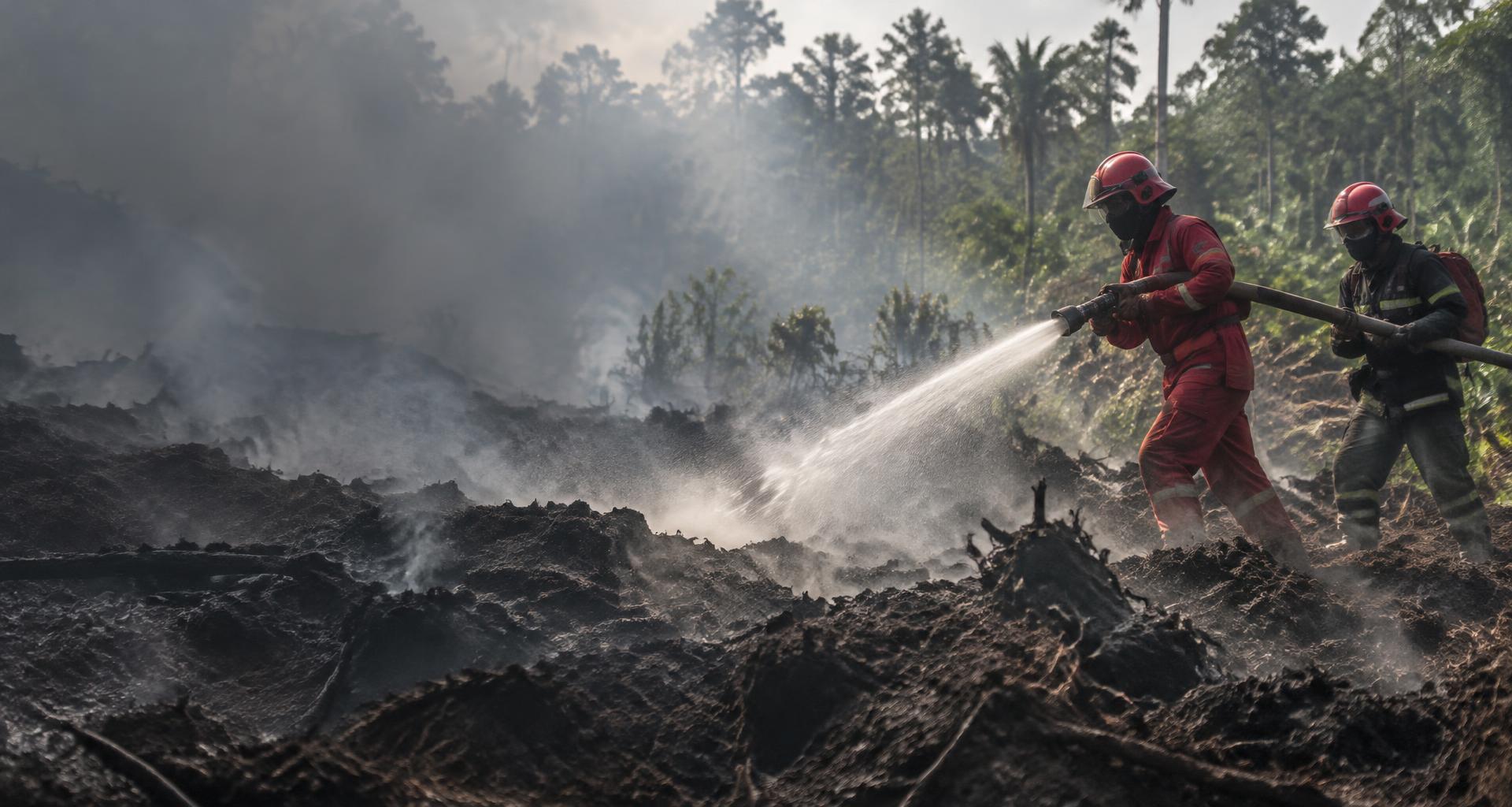 Ilustrasi petugas memadamkan kebakaran di lahan gambut